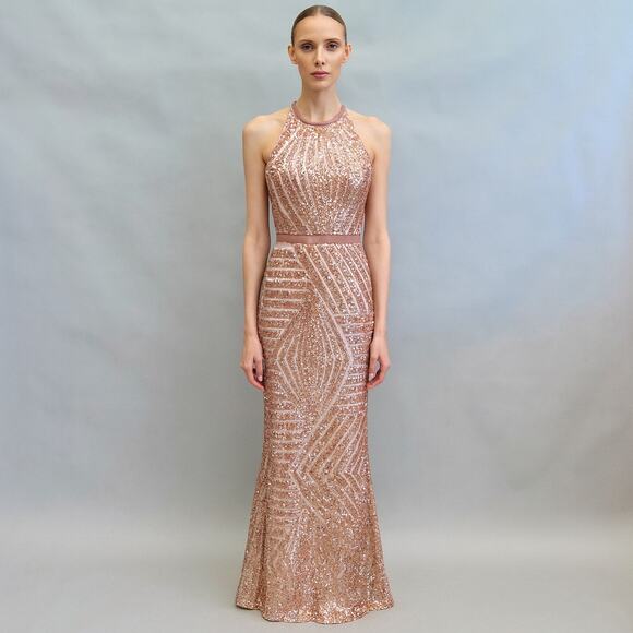 Vintage Cache Rose Gold Sequin Halter Gown Sz 6 Geometric Maxi Formal Dress Y2K - Picture 7 of 16